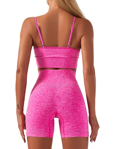 IWEMEK Workout Sets for Women Seamless 2 Piece Yoga Outfits Tummy Control High Waist Leggings Running Shorts with Adjustable Sport Bra Activewear Sets 01 Hot Pink Large