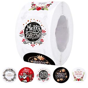 yoption merry christmas stickers roll 1.5 inch, 500 round christmas tags, multiple designs （5 patterns）