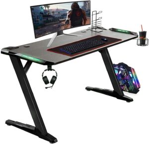 co-z 55 inch gaming desk, z shaped gaming table with 6-color rgb lighting, large mouse pad, controller stand, cup holder & headphone hook, writing desk computer desk for home office and more, black