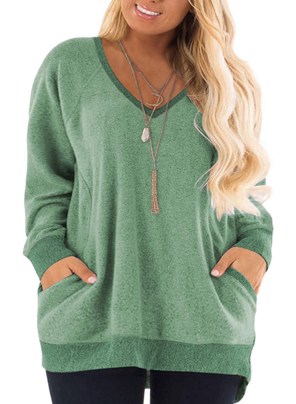 DOLNINE Plus Size Sweatshirts for Women Loose Oversized Tops Pockets Tunics Green-18W