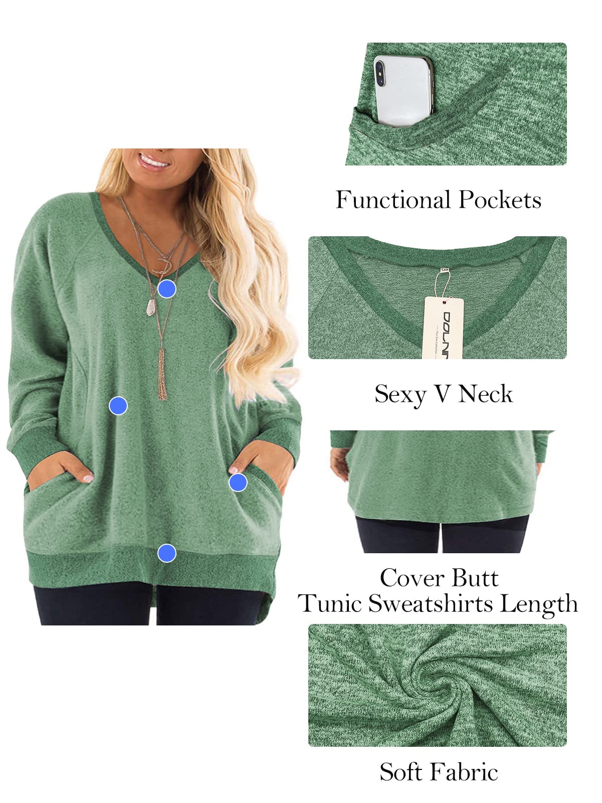 DOLNINE Plus Size Sweatshirts for Women Loose Oversized Tops Pockets Tunics Green-18W