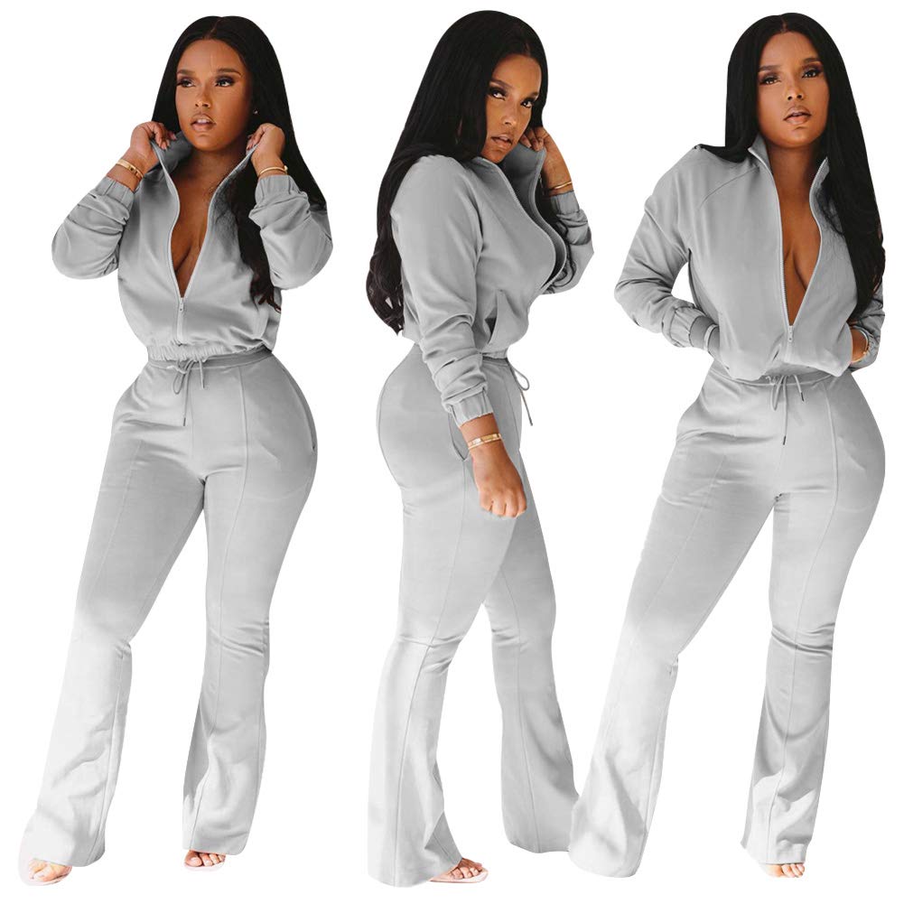 Bluewolfsea Two Piece Outfits for Women - Casual Long Sleeve Zip Top Sweatshirt + Bell Bottoms Jogging Sets Medium Gray