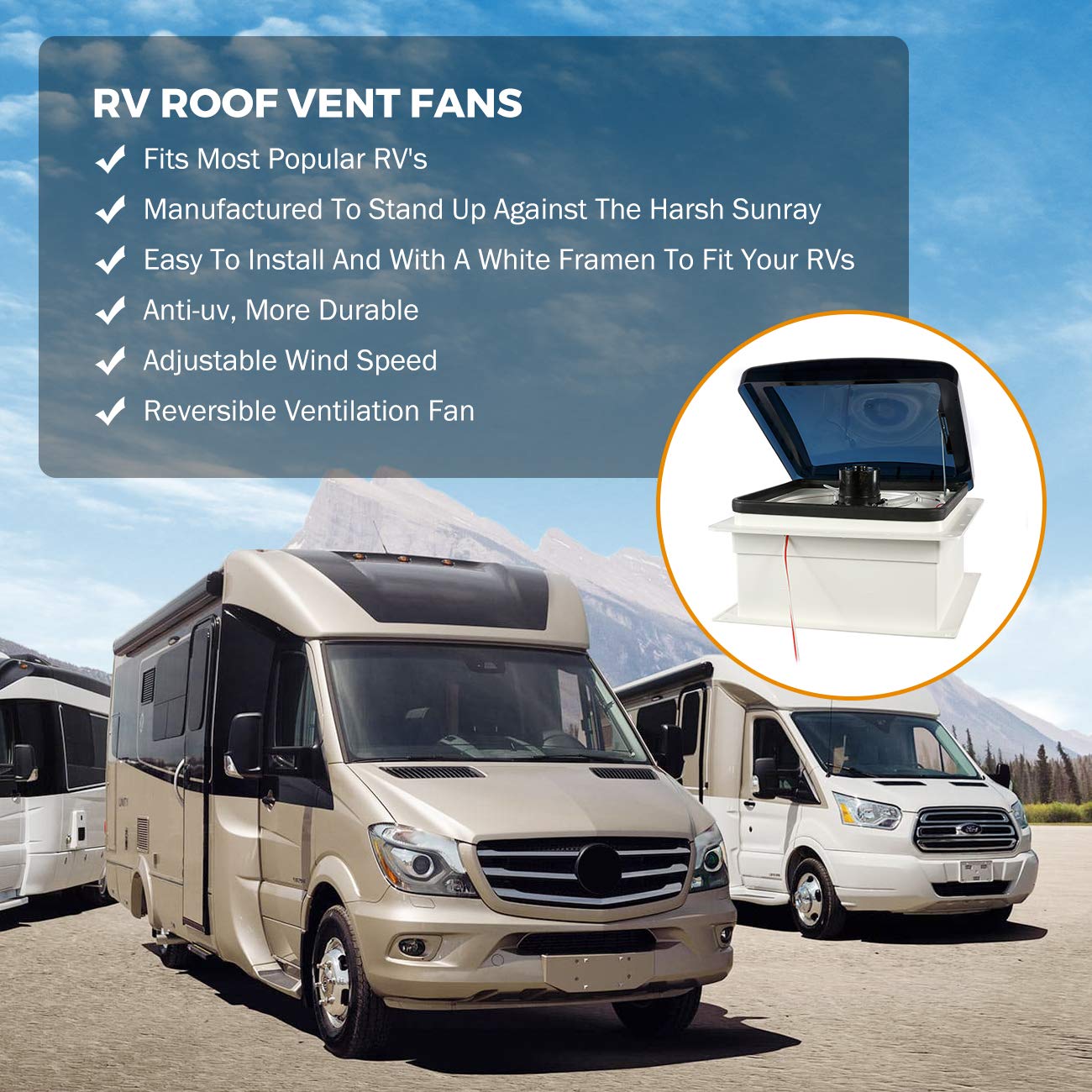 PARTOL Roof Vent for RV Fan 14”12V Automatic RV Roof Vent Fan Camper Motorhome Fan with Rain Sensor and Remote Controller, Two-Way Ventilation 3 Speed Reversible Airflow, Smoke Dome RV Vent Cover