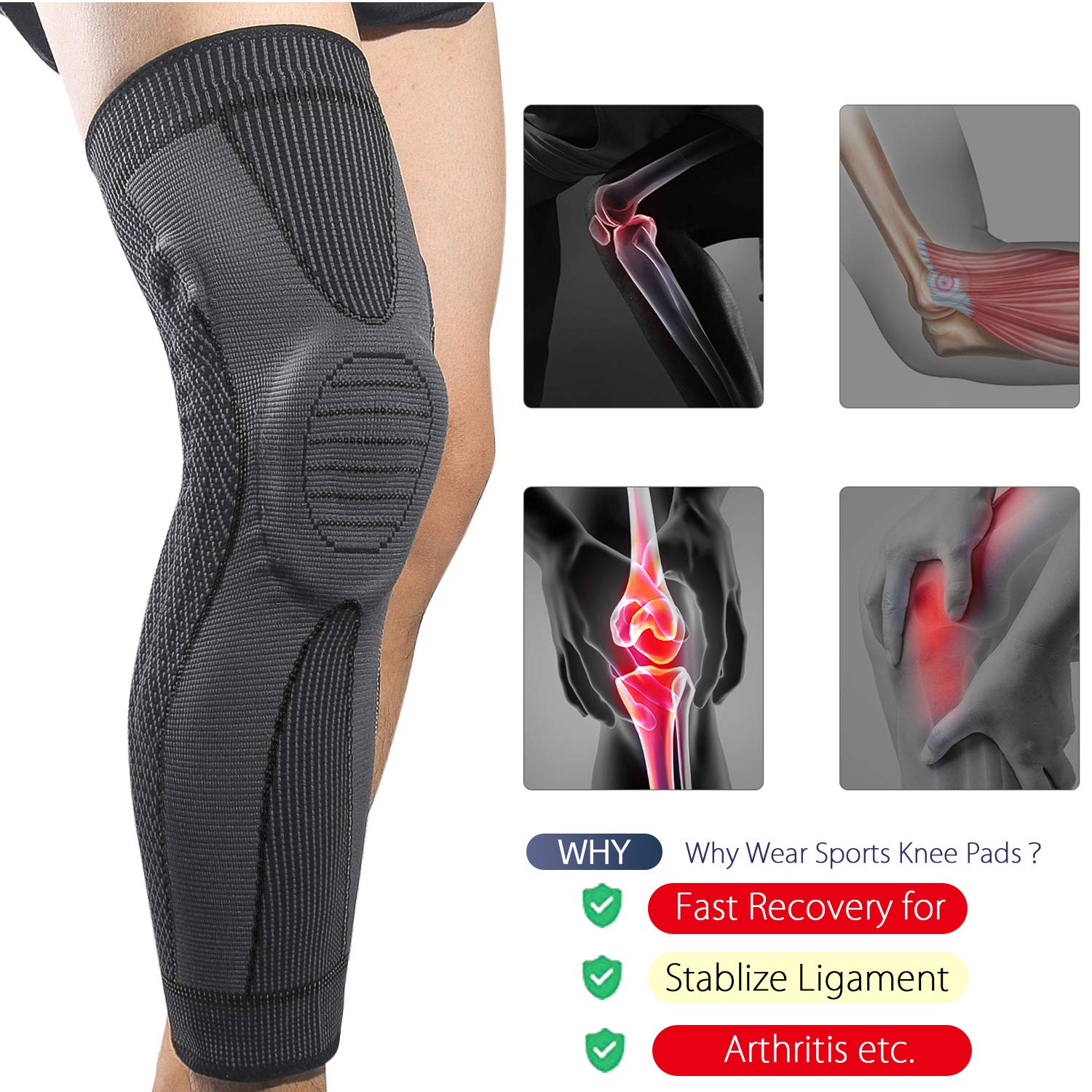 Full Leg Sleeves Long Compression Leg Sleeve Knee Sleeves with Side Stabilizers & Patella Gel Pads,for Basketball, Arthritis, Sport, Reduce Varicose Veins and Swelling of Legs(Black-Spring,2XL,Pair)