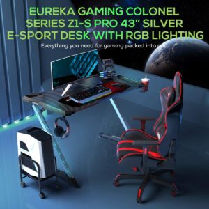 EUREKA ERGONOMIC Z1S PRO Gaming Computer Desk RGB LED Lights 44.5 inch Z Shaped Home Office PC Gaming Desks Table with Cup Holder Headset Hook & Mouse Pad, Sliver