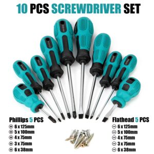 VHEONET Magnetic Screwdriver Set 10 PCS,5 Phillips and 5 Flat Head Precision Screwdriver,Professional Cushion Grip and Non-Slip for Repair Home Improvement Craft,Green