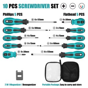 VHEONET Magnetic Screwdriver Set 10 PCS,5 Phillips and 5 Flat Head Precision Screwdriver,Professional Cushion Grip and Non-Slip for Repair Home Improvement Craft,Green