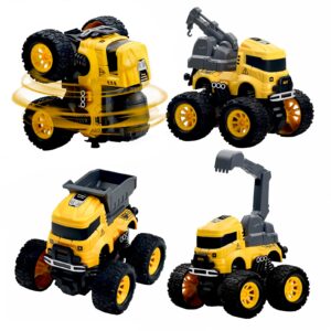 construction truck toys - 4 pack excavator, mixer, crane, dump trucks push and go friction powered cars monster stunt vehicles playset kids birthday party favors gifts for 3+ year old boys girls