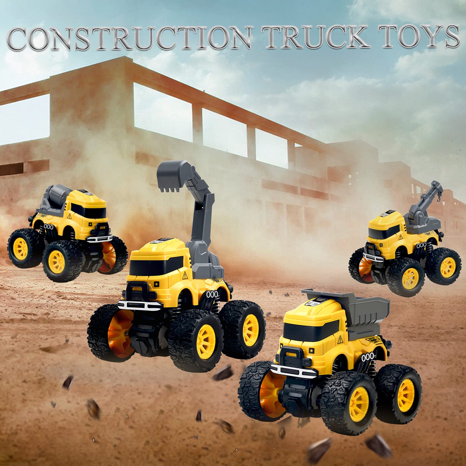 Construction Truck Toys - 4 Pack Excavator, Mixer, Crane, Dump Trucks Push and Go Friction Powered Cars Monster Stunt Vehicles Playset Kids Birthday Party Favors Gifts for 3+ Year Old Boys Girls