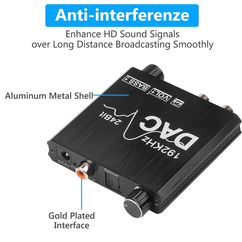 192KHz Digital to Analog Audio Converter with Bass and Volume Adjustment,Digital SPDIF/Optical/Toslink/Coaxial to Analog Stereo L/R RCA and 3.5mm Jack Converter for PS3 PS4 DVD AppleTV Home Cinema