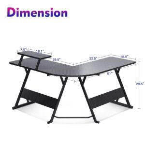 MOTPK L Shaped Gaming Desk with Carbon Fiber Surface, Corner Computer Desk L Shape with Monitor Shelf, Gamer Desk Gaming Table with Cup Holder & Headphone Hook, Black, 51 Inch