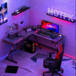 MOTPK L Shaped Gaming Desk with Carbon Fiber Surface, Corner Computer Desk L Shape with Monitor Shelf, Gamer Desk Gaming Table with Cup Holder & Headphone Hook, Black, 51 Inch