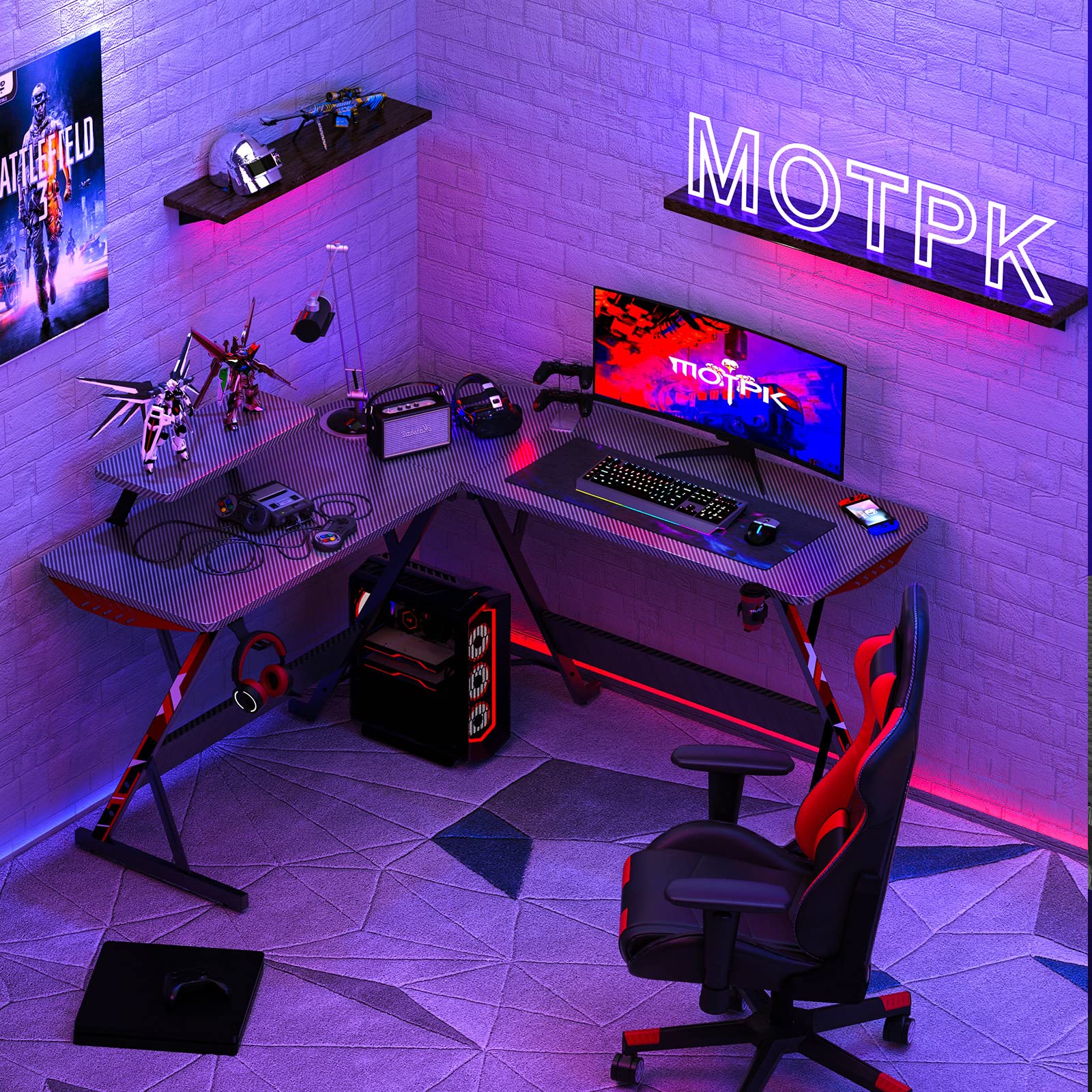 MOTPK L Shaped Gaming Desk with Carbon Fiber Surface, Corner Computer Desk L Shape with Monitor Shelf, Gamer Desk Gaming Table with Cup Holder & Headphone Hook, Black, 51 Inch