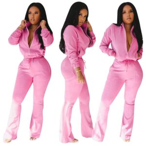 Bluewolfsea Two Piece Outfits for Women - Casual Long Sleeve Zip Top Sweatshirt + Bell Bottoms Jogging Sets Large Rose