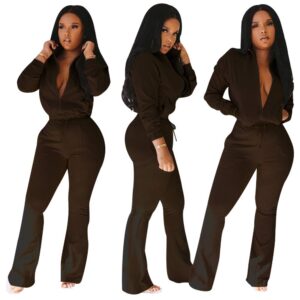 Bluewolfsea Two Piece Outfits for Women - Casual Long Sleeve Zip Top Sweatshirt + Bell Bottoms Jogging Sets Large Black