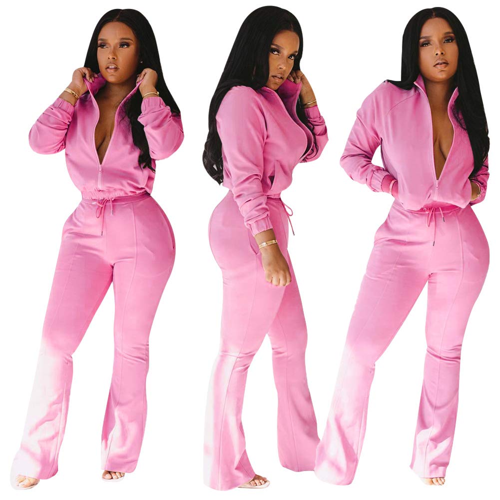 Bluewolfsea Two Piece Outfits for Women - Casual Long Sleeve Zip Top Sweatshirt + Bell Bottoms Jogging Sets Medium Rose