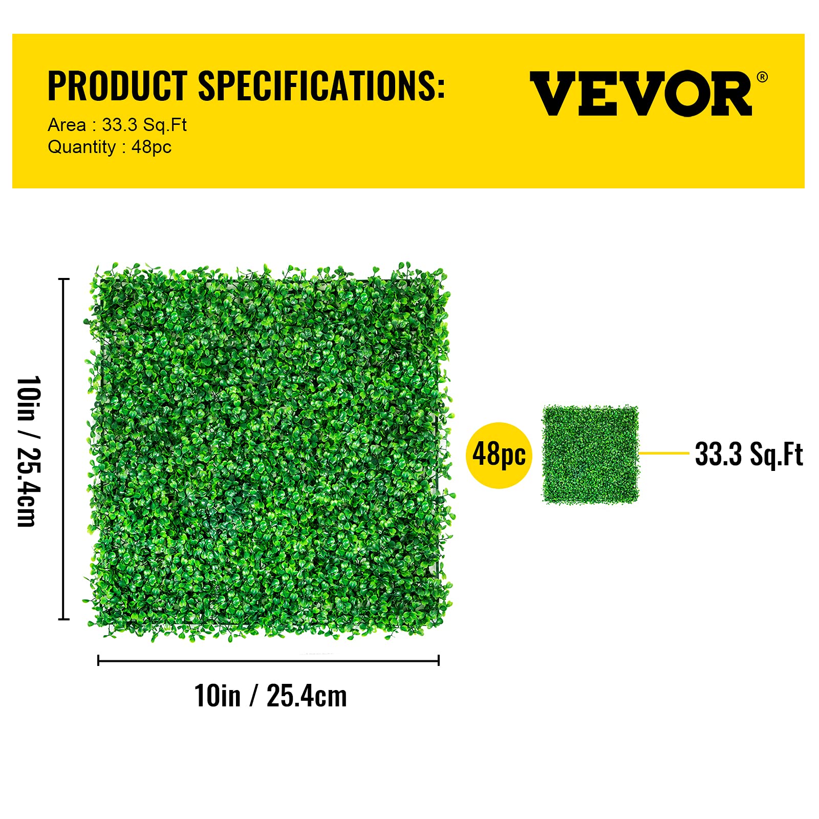 VEVOR Artificial Boxwood Panels 48PCS 10" x 10", UV-Anti Boxwood Hedge Wall Panels, Artificial Grass Backdrop Wall 1.6", Green Grass Wall for Decor Privacy Fence Indoor Outdoor Garden Backyard