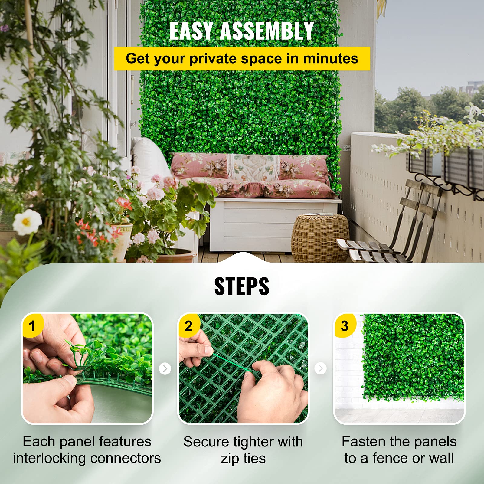 VEVOR Artificial Boxwood Panels 48PCS 10" x 10", UV-Anti Boxwood Hedge Wall Panels, Artificial Grass Backdrop Wall 1.6", Green Grass Wall for Decor Privacy Fence Indoor Outdoor Garden Backyard