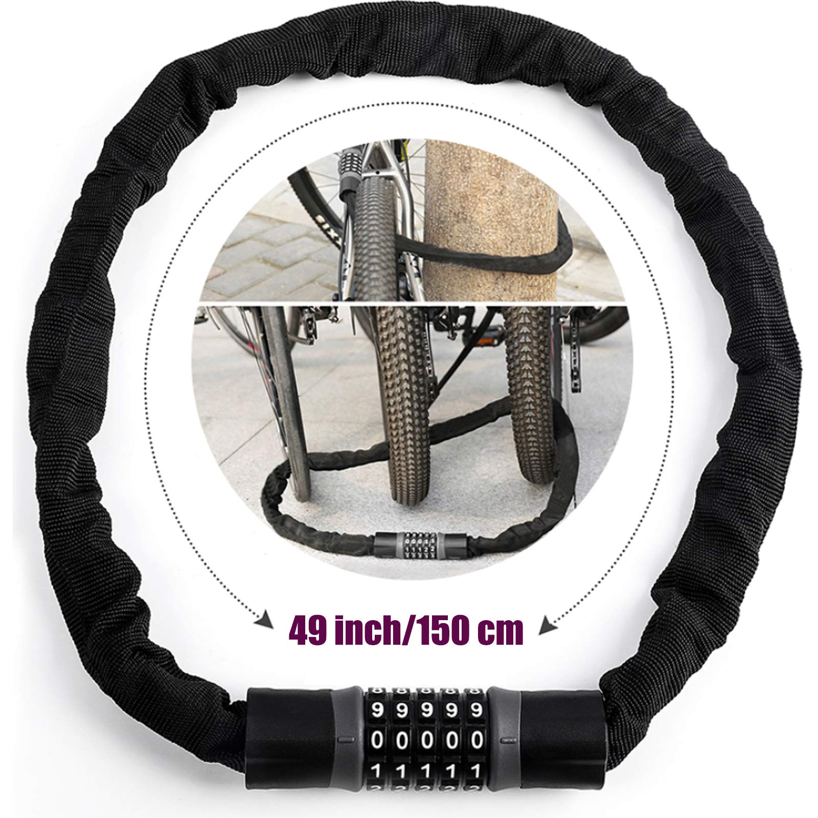 Beefoor Bike Lock, 5-Digit Resettable Combination Heavy Duty Anti Theft Bicycle Lock, 4.9 Feet Bike Chain Lock for Bikes, Motorcycles, Bicycles, Doors, Gates, Fences, Grills