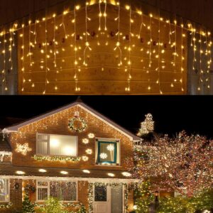 led icicle lights, 640 led christmas lights, 65.6ft 8 modes plug in fairy string lights with 120 drops for indoor bedroom outdoor window, christmas party decoration (warm white)