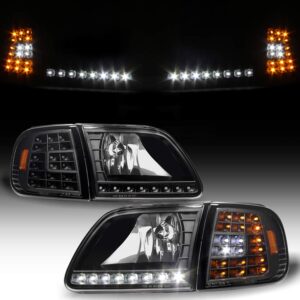 acanii - for 1997-2003 ford f150 expedition black housing led strip & corner signal headlights headlamps pair left+right