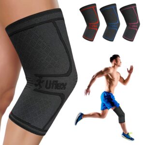 uflex athletics knee compression sleeve support for women and men - knee brace for pain relief, fitness, weightlifting, hiking, sports - black, medium