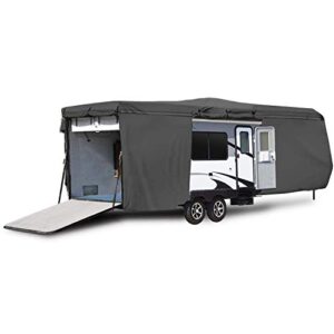 waterproof superior rv motorhome travel trailer/toy hauler cover fits length 16'-18' feet travel trailer camper zippered panels allow access to the door, engine, side storage areas, and ramp door