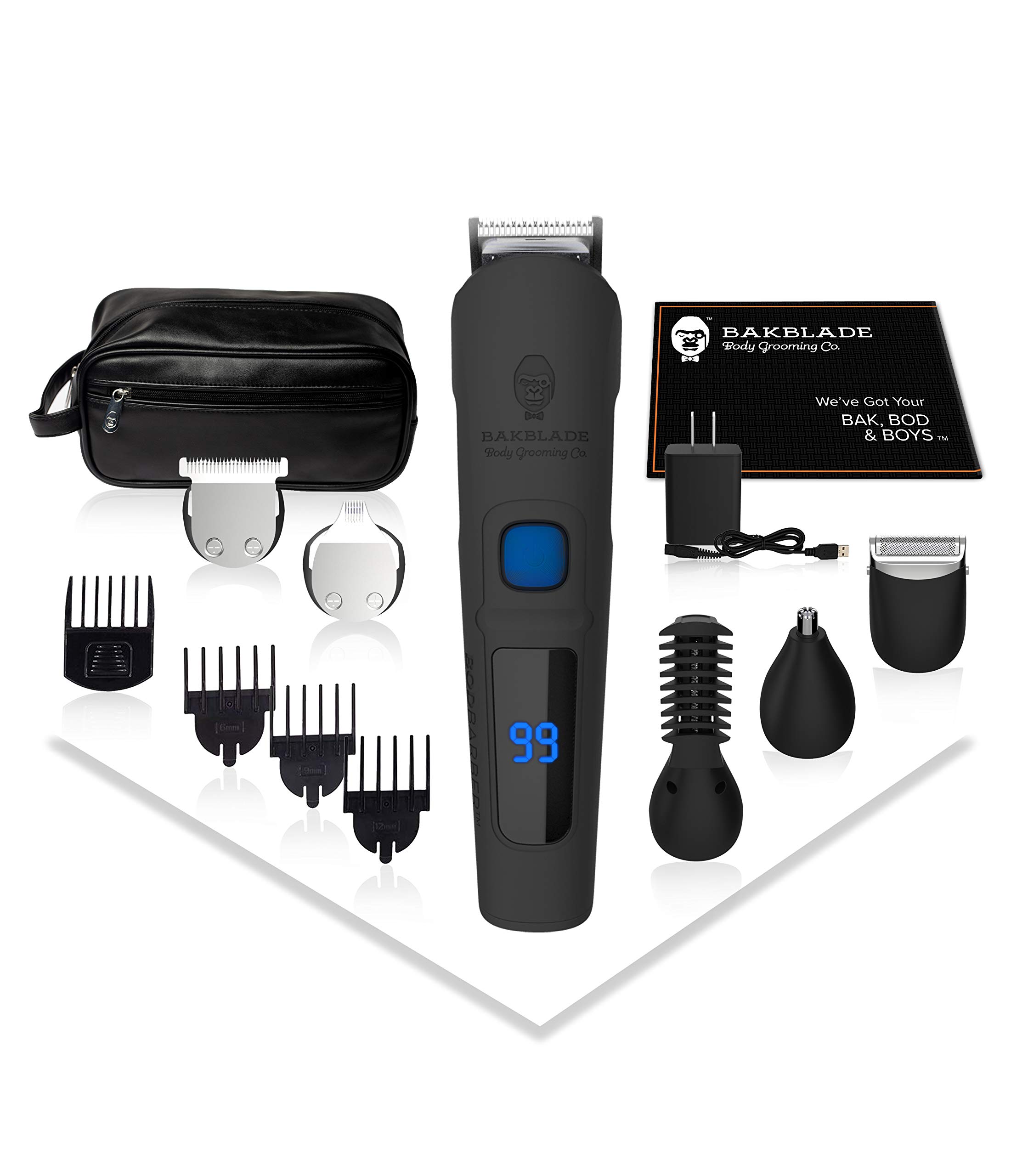 baKblade 11-in-1 Mens Grooming Kit for Manscaping - BODBARBER - Electric Beard Trimmer for Men, Groin Groomer, Body Groomer, Nose & Ear Groomer - Cordless & Waterproof Hair Clippers - Men Gift Set