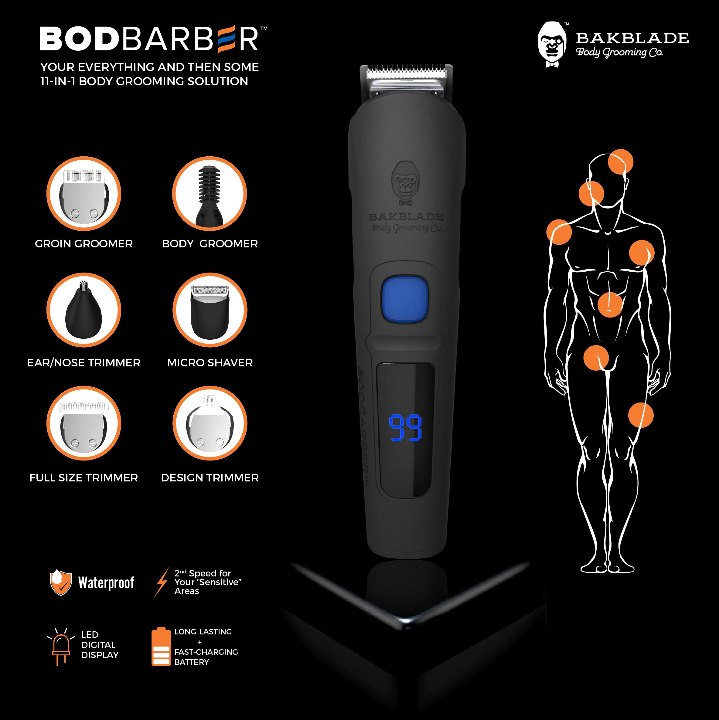 baKblade 11-in-1 Mens Grooming Kit for Manscaping - BODBARBER - Electric Beard Trimmer for Men, Groin Groomer, Body Groomer, Nose & Ear Groomer - Cordless & Waterproof Hair Clippers - Men Gift Set