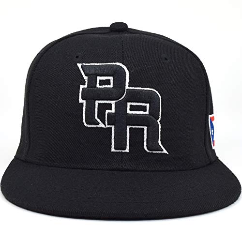 PR Fitted Two Tone Solid Caps Puerto Rico Flag Embroidered hat Front Side Back (Black/Black Emb, XLarge)