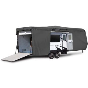 waterproof superior rv motorhome travel trailer/toy hauler cover fits length 14'-16' feet travel trailer camper zippered panels allow access to the door, engine, side storage areas, and ramp door