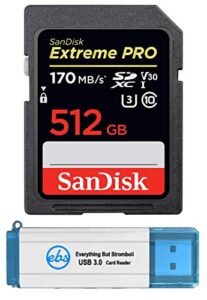 sandisk extreme pro 512gb sd card sdxc uhs-i card for cameras works with canon eos r, m50, m100 (sdsdxxy-512g-gn4in) 4k uhd video class 10 bundle with 1 everything but stromboli 3.0 memory card reader