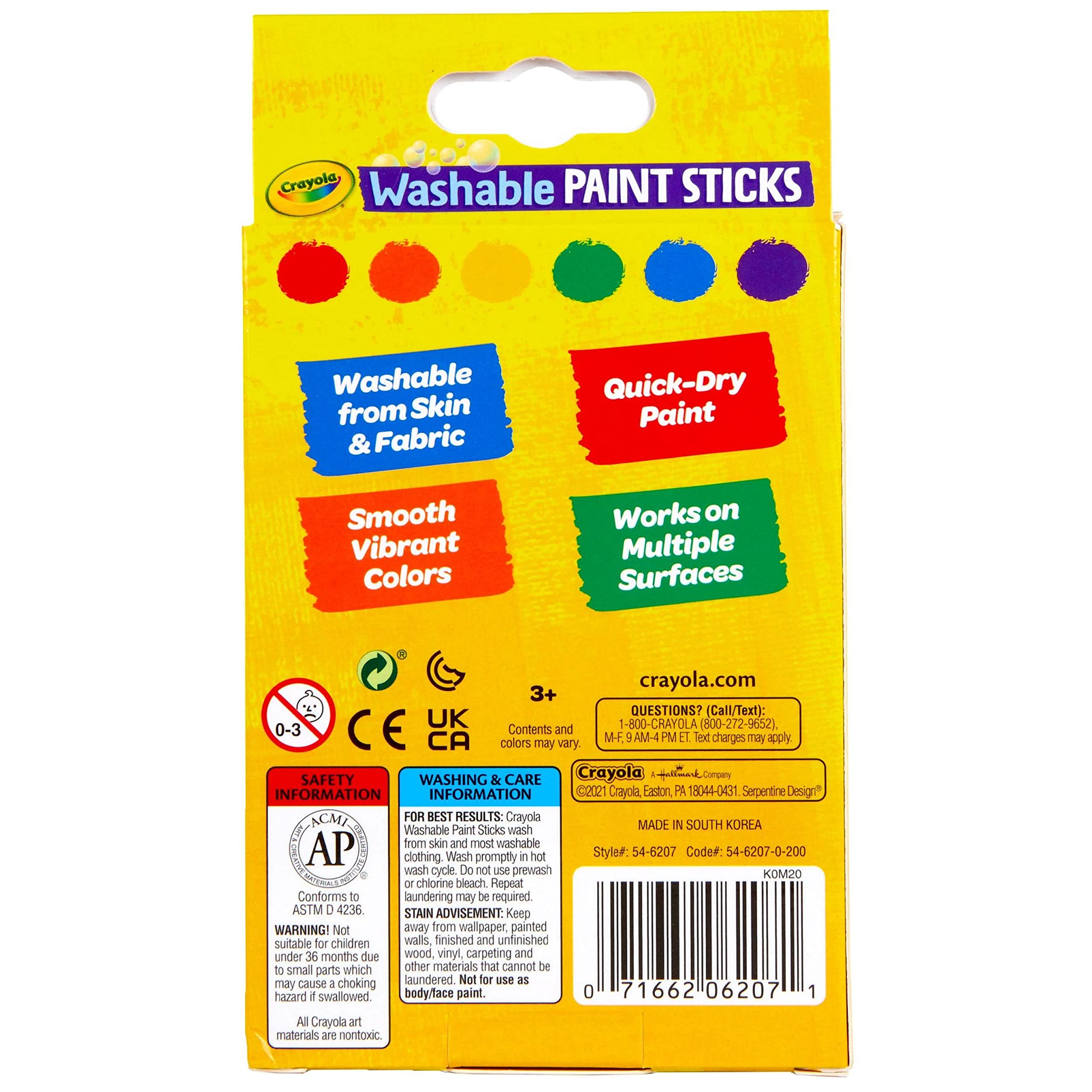 Washable Paint Sticks, No Water Required, Paint Set for Kids, Art Supplies, 6 Count