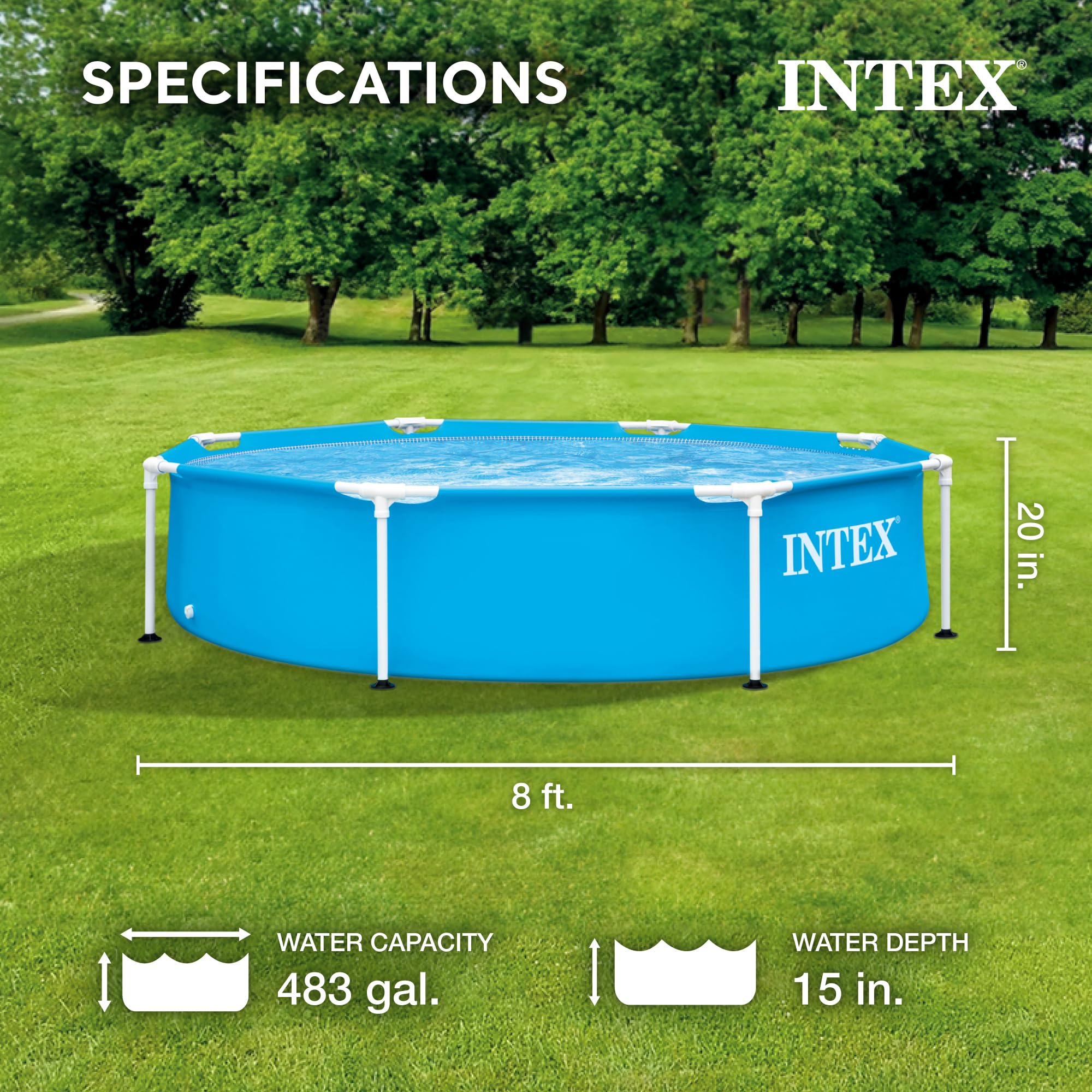 Intex 28205EH 8 Foot x 20 Inch Round Metal Frame Outdoor Backyard Above Ground Swimming Pool with Reinforced Sidewalls, Blue (Pool Only)