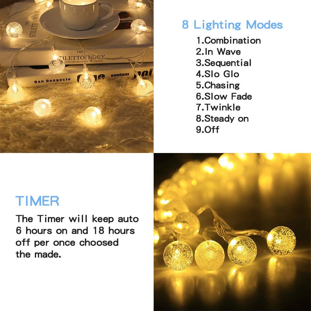 SZWTC 33ft 80 LEDs Globe String Lights Battery Operated, Fairy Lights Waterproof 8 Modes with Remote Control for Home, Party, Christmas, Wedding, Patio, Garden Decoration (Warm White)