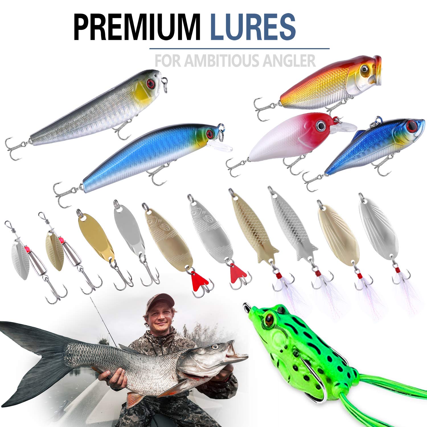 PLUSINNO Fishing Lures Baits Tackle Including Crankbaits, Spinnerbaits, Plastic Worms, Jigs, Topwater Lures Box and More Fishing Gear Lures Kit Set, 102/302Pcs