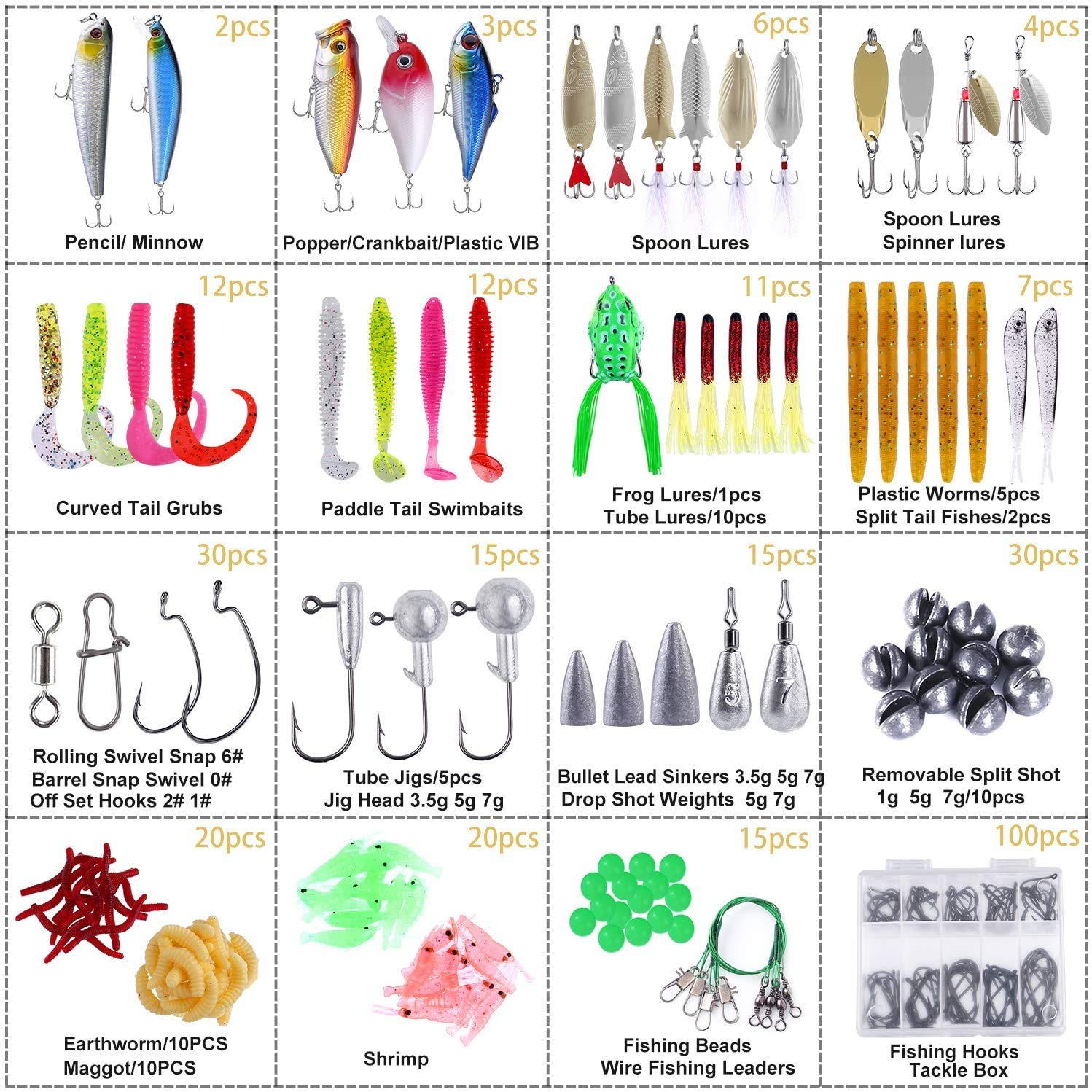 PLUSINNO Fishing Lures Baits Tackle Including Crankbaits, Spinnerbaits, Plastic Worms, Jigs, Topwater Lures Box and More Fishing Gear Lures Kit Set, 102/302Pcs