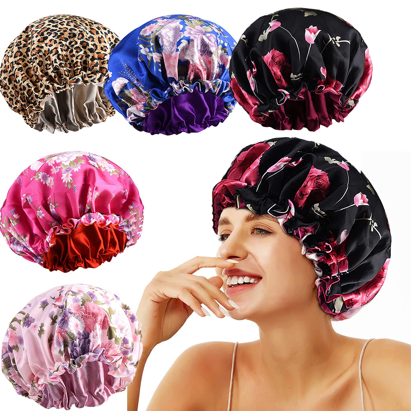 5pcs Satin Bonnet Silk Bonnet for Sleeping, Bonnets for Black Women Hair Bonnet for Sleeping Silk Sleep Cap, Double Layer Adjustable Bonnet for Curly Hair