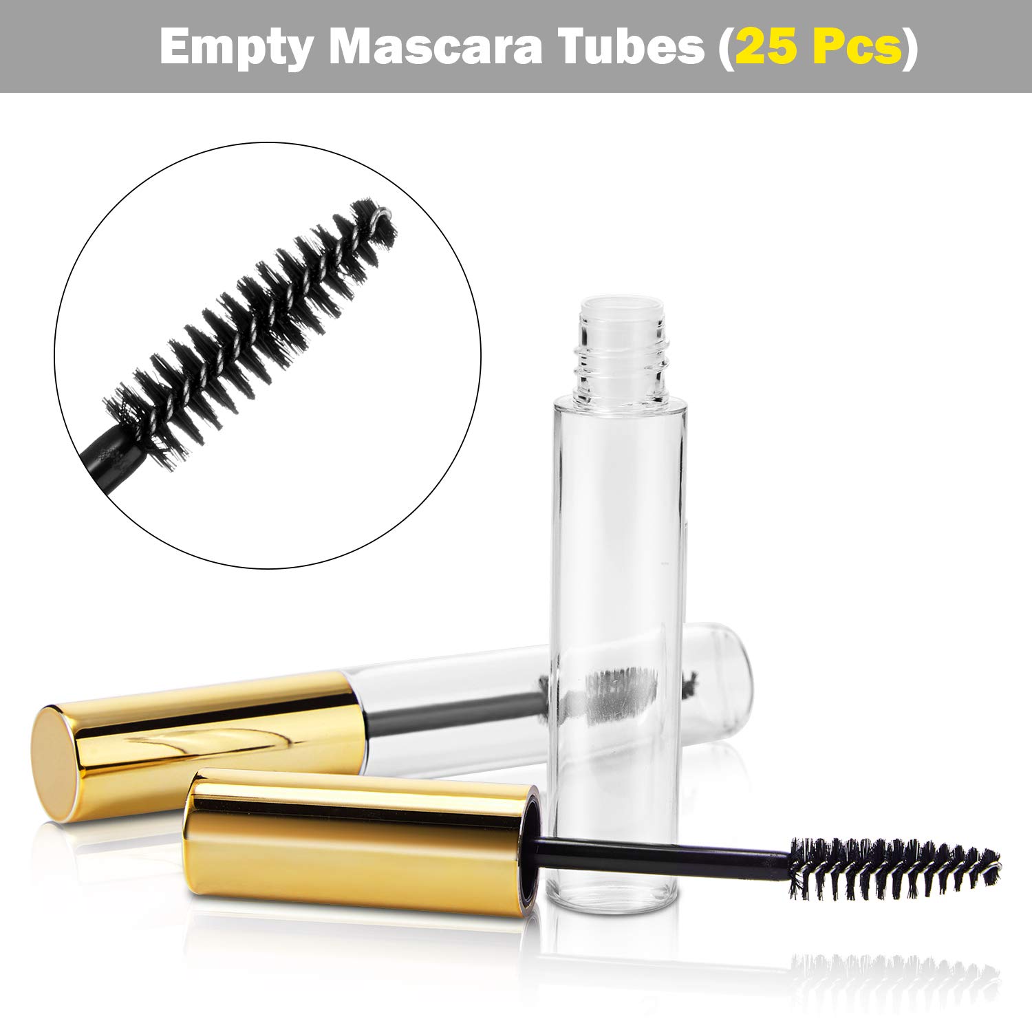 25 Pieces 10 ml Empty Mascara Tubes Wand Empty Eyelash Bottle Clear Refillable Mascara Container with 4 Pieces Funnels Transfer Pipettes for Castor Oil and DIY Cosmetics(Gold)