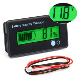 fixitok battery meter with alarm capacity voltage monitor dc 12v 24v 36v 48v 60v 72v 84v battery capacity voltage gauge indicator for golf cart boat car rv motorcycle lithium battery (green)