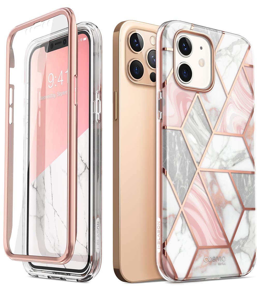 i-Blason Cosmo Series Case for iPhone 12 / iPhone 12 Pro 5G 6.1 inch (2020 Release), Slim Full-Body Stylish Protective Case with Built-in Screen Protector (Marble)