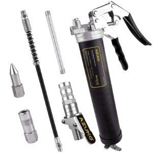 azuno pistol grip grease gun, 6500 psi heavy duty grease guns with flex hose, metal extension, professional coupler and sharp nozzle