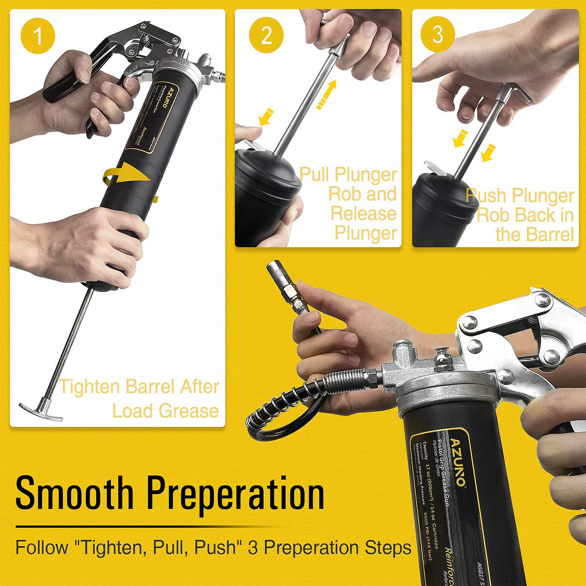 AZUNO Pistol Grip Grease Gun, 6500 PSI Heavy Duty Grease Guns with Flex Hose, Metal Extension, Professional Coupler and Sharp Nozzle