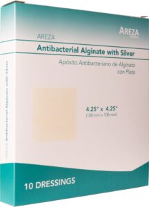 silver alginate (antibacterial alginate with silver) 4.25"x4.25" sterile; 10 wound dressings per box (1 box) areza medical