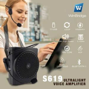 WinBridge Wireless Voice Amplifier Wireless Microphone Headset, 16W Bluetooth Speaker and Microphone Portable Pa for Teachers, Tour Guides, Coaches, Elderly Etc S619UHF