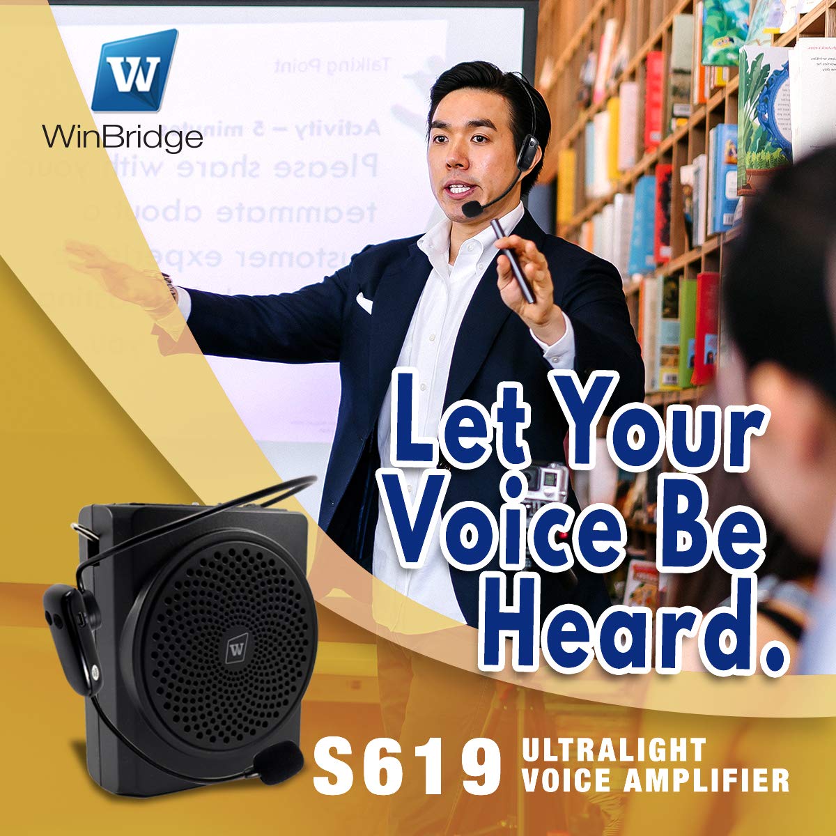 WinBridge Wireless Voice Amplifier Wireless Microphone Headset, 16W Bluetooth Speaker and Microphone Portable Pa for Teachers, Tour Guides, Coaches, Elderly Etc S619UHF