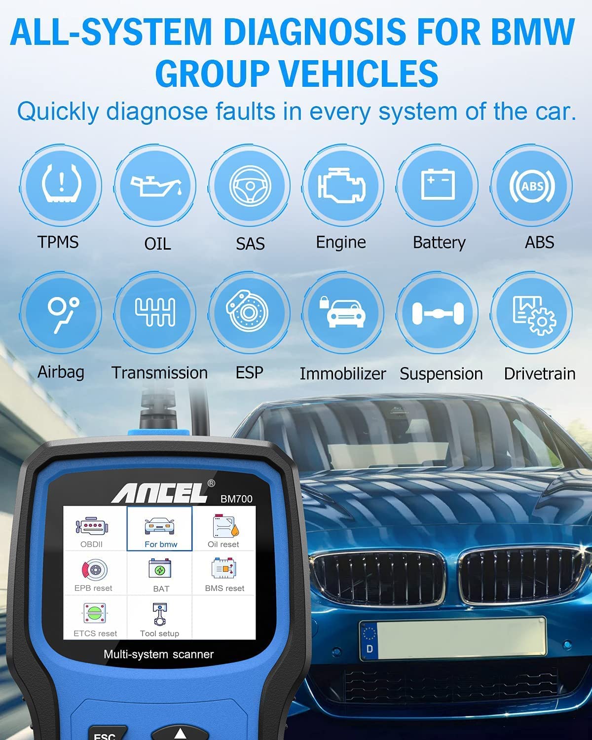 ANCEL BM700 Full Diagnostic Scan Tool Fit for BMW with Case, All Systems OBD2 Scanner Car Battery Registration Code Reader with ABS CBS Oil EPB SAS Fuel Pump Reset