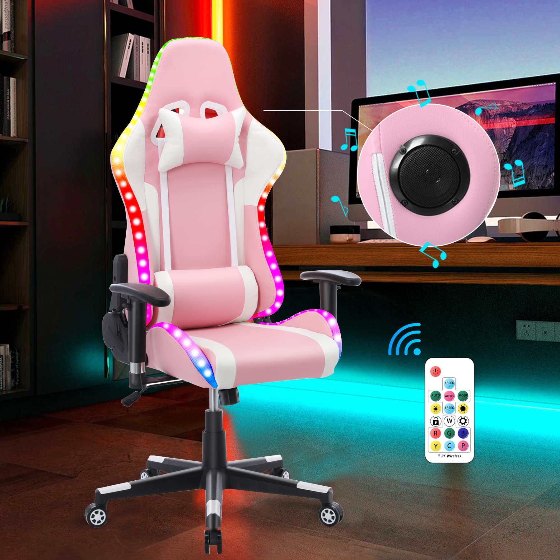 Gaming Chair with Bluetooth Speakers RGB LED Lights, Music Video Game Chair, Ergonomic PU Leather High Back Computer Chair, Adjustable Reclining Racing Office Swivel Chair for Adult Teens, Pink