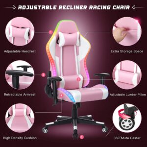 Gaming Chair with Bluetooth Speakers RGB LED Lights, Music Video Game Chair, Ergonomic PU Leather High Back Computer Chair, Adjustable Reclining Racing Office Swivel Chair for Adult Teens, Pink