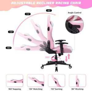 Gaming Chair with Bluetooth Speakers RGB LED Lights, Music Video Game Chair, Ergonomic PU Leather High Back Computer Chair, Adjustable Reclining Racing Office Swivel Chair for Adult Teens, Pink